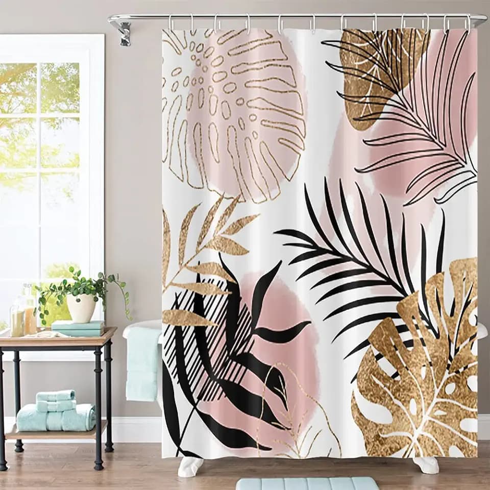 Abstract Boho Shower Curtain Mid Century Palm Leaves Botanical Pink Gold Geometric Modern Aesthetic Bathroom Decor for Women Minimalist 48Wx72H Inches Bath Accessories with 8 Hooks