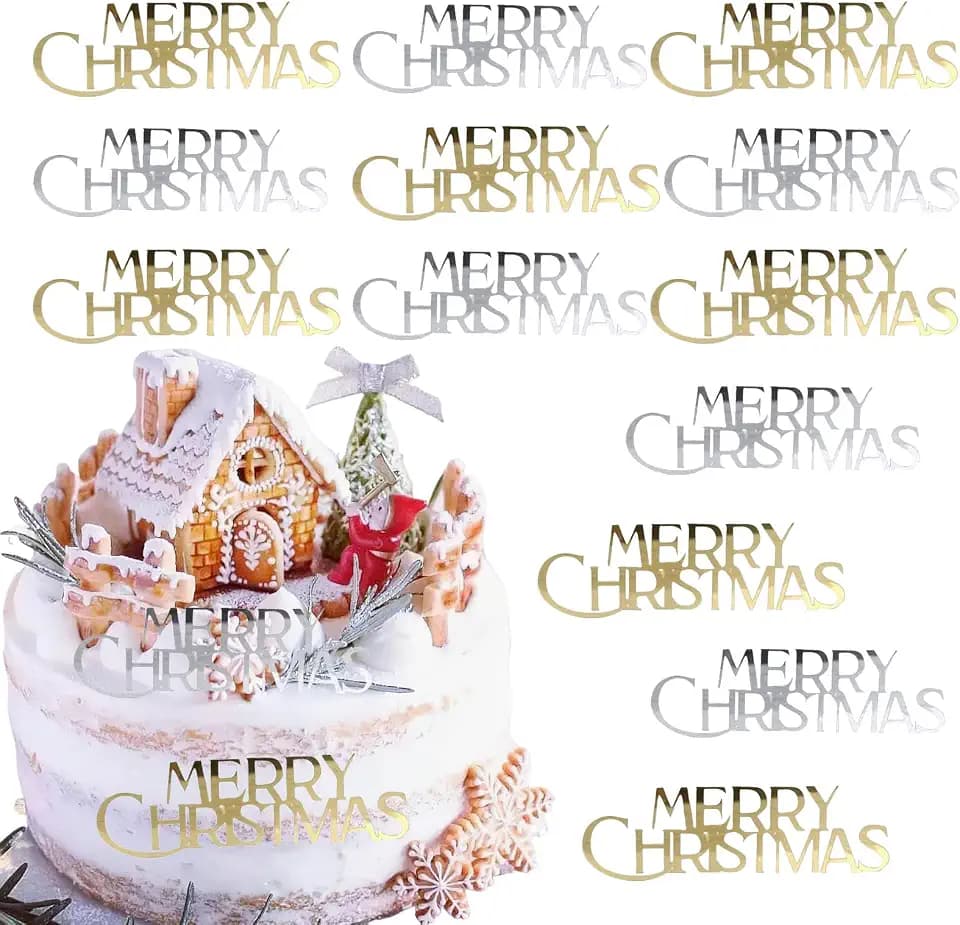 12 Pcs Christmas Cake Toppers Acrylic Mirror Cupcake Topper Engraved Merry Christmas Cake Decorations for Xmas Party Cake Dessert DIY Decor Supplies