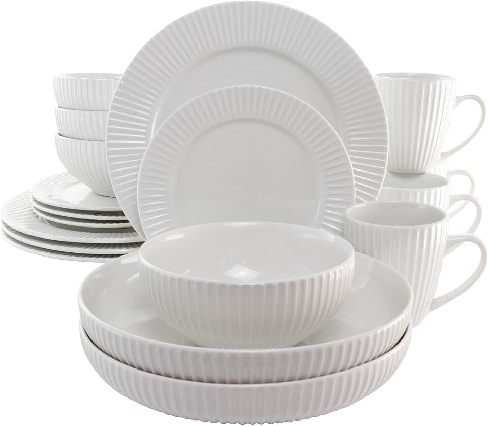 Elama Elle 18 Piece Porcelain Dinnerware Set with 2 Large Serving Bowls in White