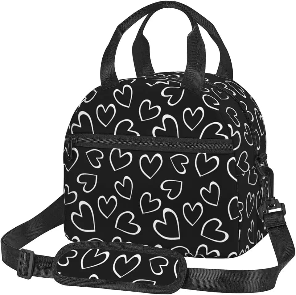 MOLAIGIN Heart Black White Cool Insulated Lunch With Adjustable Shoulder Strap Bag Reusable Lunch Box Cooler Tote Bag For Men Women