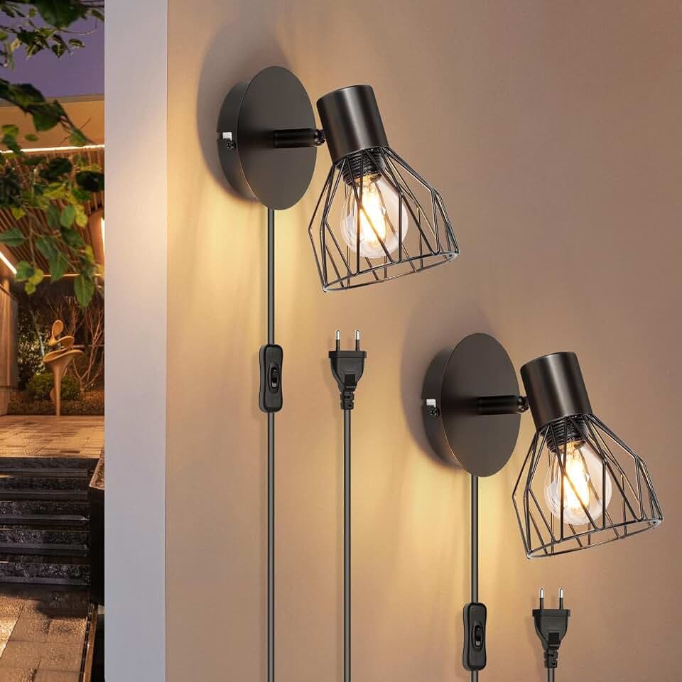 Kimjo Wandlampe mit Schalter und Stecker, E14 Wandleuchte Innen, 2 Stück