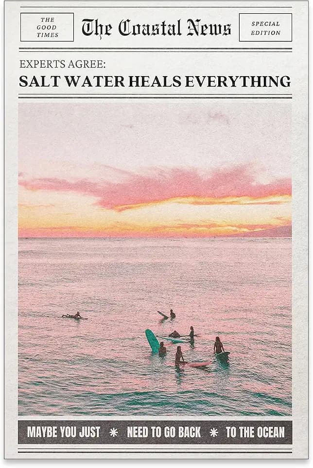 Pink Beach Newspaper Posters Vintage Fashion Coastal Girl Surf Wall Art Grainy Salt Water Heals Everything Canvas Prints for College Dorm Bedroom Wall Decor 16X24 inch Unframed