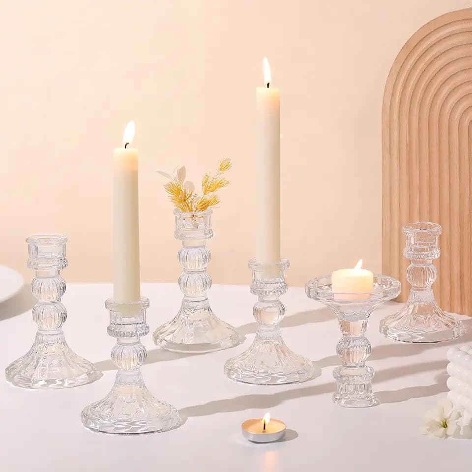 DARJEN 6Pcs Clear Candlestick Holders Set - 4" H & 5" H Striped Taper Candle Holders Bulk, Glass Candle Holders for Wedding, Festival, Party, Table Centerpiece, Gifts