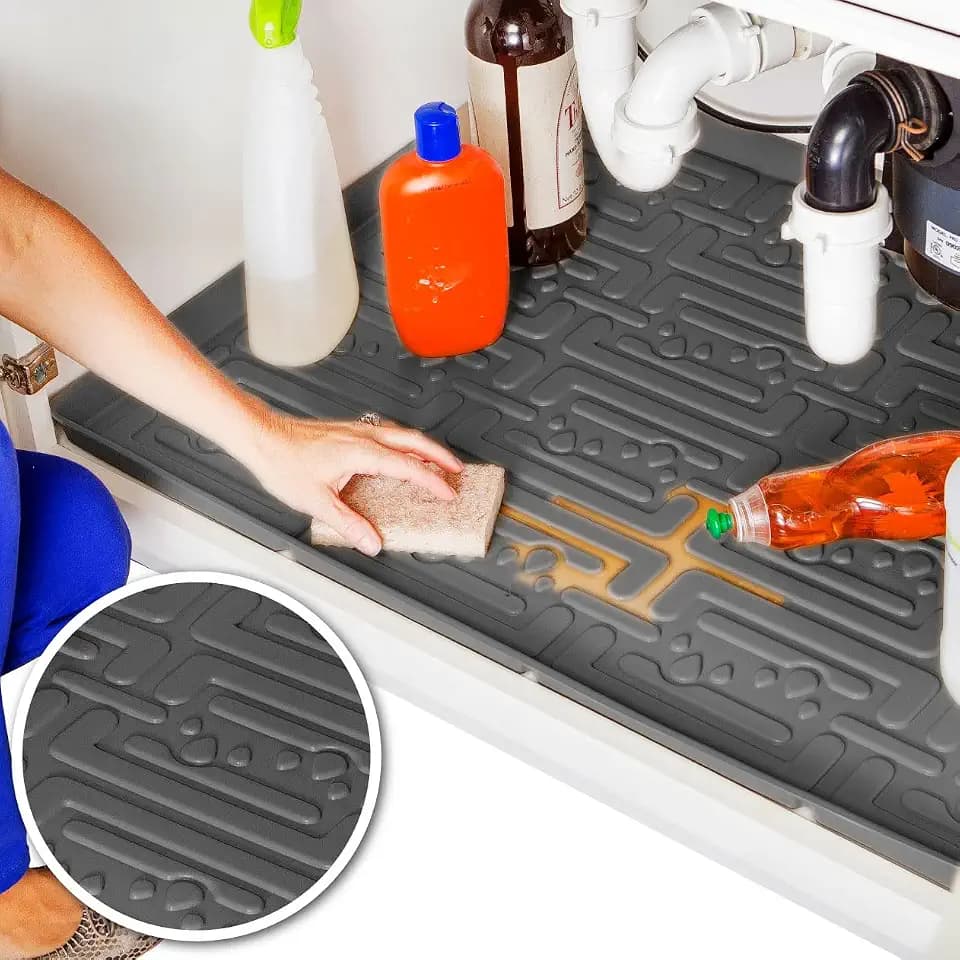 XTREME MATS Waterproof Undersink Mat (Grey 34" 1/4 x 22 1/4) 36 inch Cabinet Base Liner for Kitchen & Laundry Cabinets Catches Leaks Prevents Damage Flexible Sink Driptray