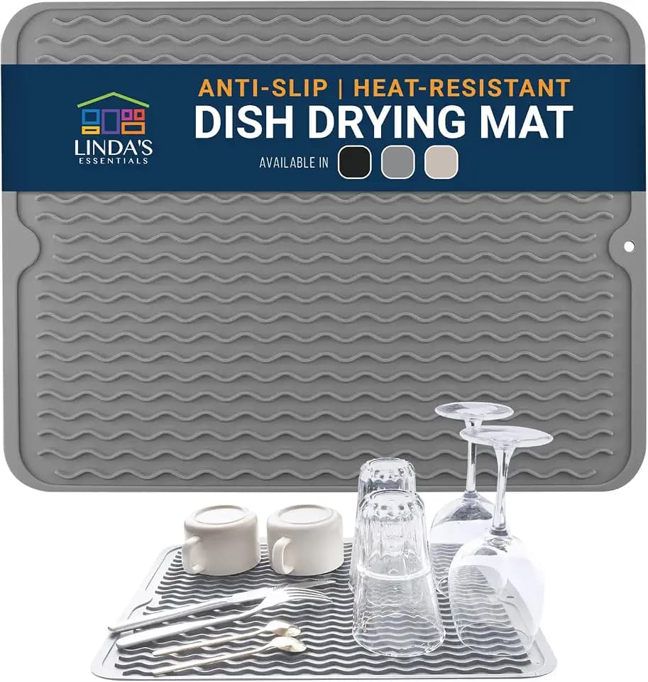 Silicone Dish Drying Mat for Kitchen Counter - Multi-Use 16 x 12 Inch Pad, Non-Slip & Heat-Resistant, Perfect Dish Drainer Mat by Linda’s Essentials, Ideal Kitchen Accessory (Gray)