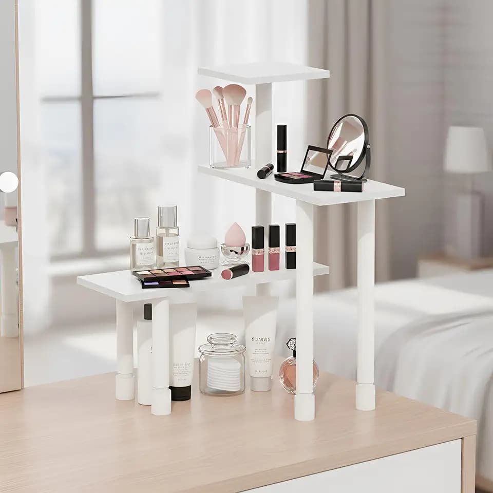 Furinno Turn-N-Tube Storage Shelves, 3-Tier Countertop Corner Shelf, Open Frame Adjustable Small Book Shelf, for Organization and Storage, Make Up, Dresser Table, Living Room, Plain White