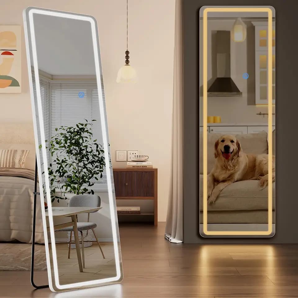 Koonmi LED Full Length Mirror, 56"x20" Full Length Mirror with Lights, Lighted Floor Mirrors with Stand, Full Body Mirrors with Dimming & 3 Color Lightingfor Living Room Cloakroom, White