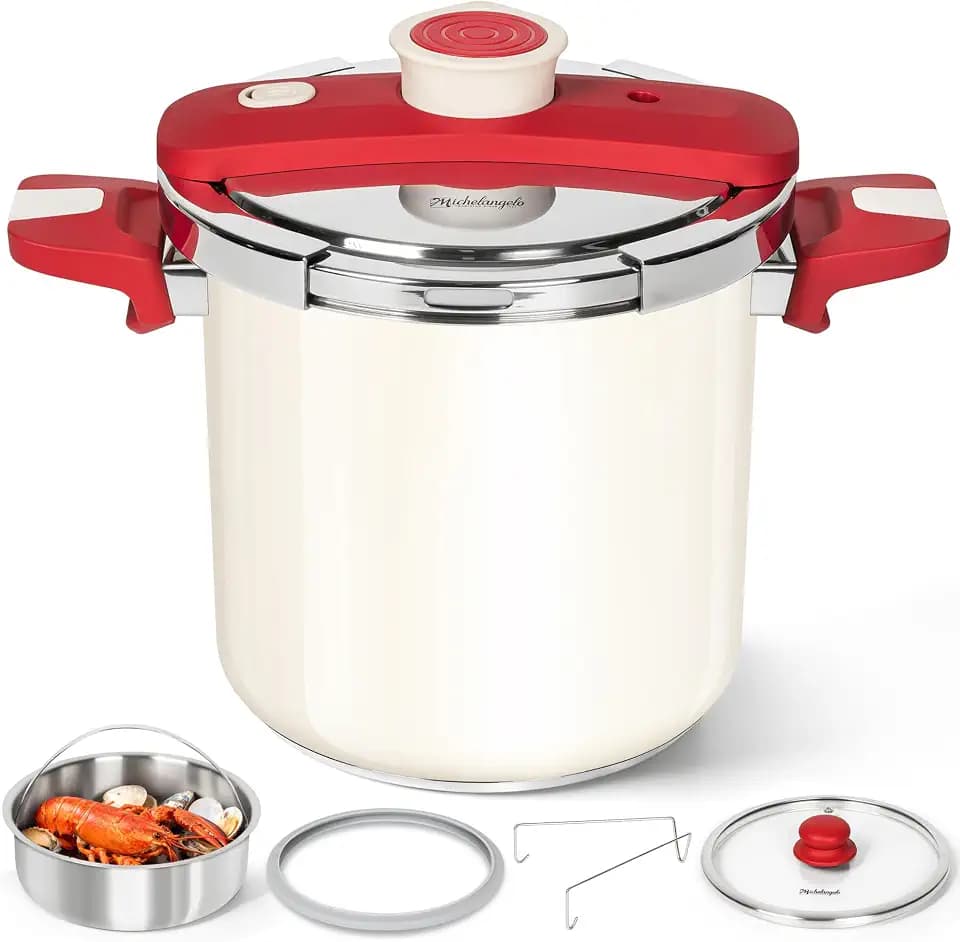 MICHELANGELO Stovetop Pressure Cooker Stainless Steel, 8.5 qt, 304 Stainless Steel, 6-Fold Safety System, One-Hand Easy-Open Lid, 2 Pressure Settings, Steamer Basket & Glass Lid, Induction Compatible