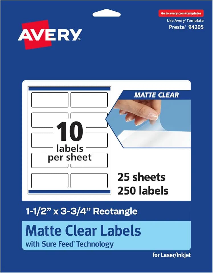 Avery Matte Clear Rectangle Labels, Sure Feed Technology, 1.5" x 3.75", 250 Matte Clear Labels, Print-to-The-Edge, Laser/Inkjet Printable