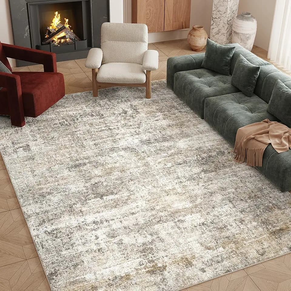 8x10 Grey Beige Washable Area Rug for Living Room, Vintage Print