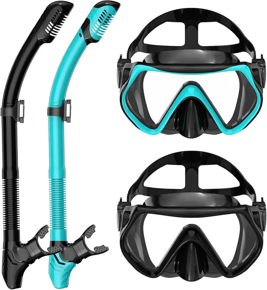Snorkeling Gear for Adults, Adult Snorkel Mask Set Scuba Diving Dry-Top, Swimming Goggles w/Nose Cover, HD Tempered Glass Panoramic Anti-Leak Anti-Fog, Travel Snorkeling Packages