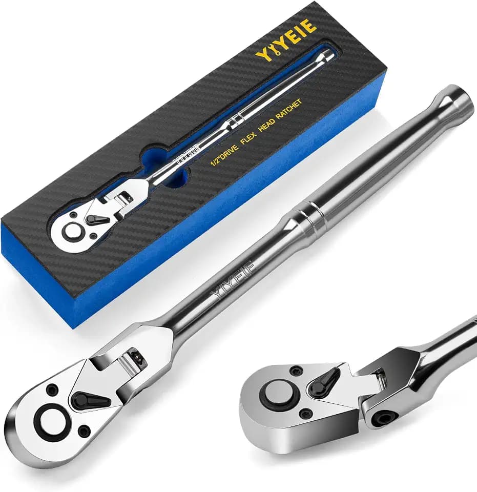 YIYEIE 1/2" Drive Flex Head Ratchet, 72-Tooth Quick-Release, CR-V Steel, Full Chrome, Swivel Head Ratchet Wrench with EVA Foam Tray, for Auto Mechanic & DIYer | 12 Inch Long