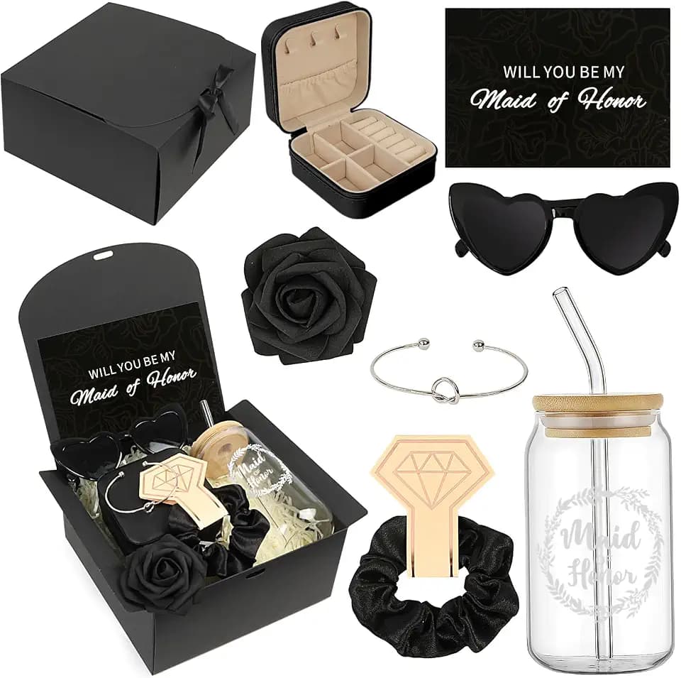 Bridesmaid Proposal Gifts Set 6 - Will You Be My Bridesmaid Kit with Elegant Box Jewelry Box Glass Cup Invited Cards Knotted Bracelets Sunglasses Scrunchies Raffia Grass