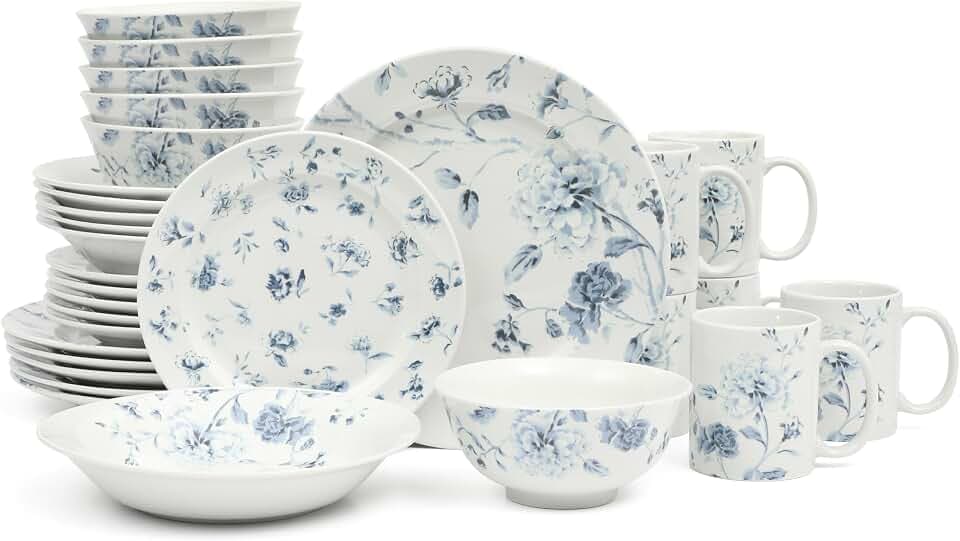 Martha Stewart Empress Bouquet 30 Piece Decorated Porcelain Chip and Scratch Resistant Dinnerware Plates and Bowls Set - Blue Floral