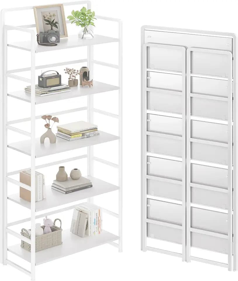 Folding Bookshelf 5 Tiers,No Assembly,Vintage Wood Bookcase Storage,White