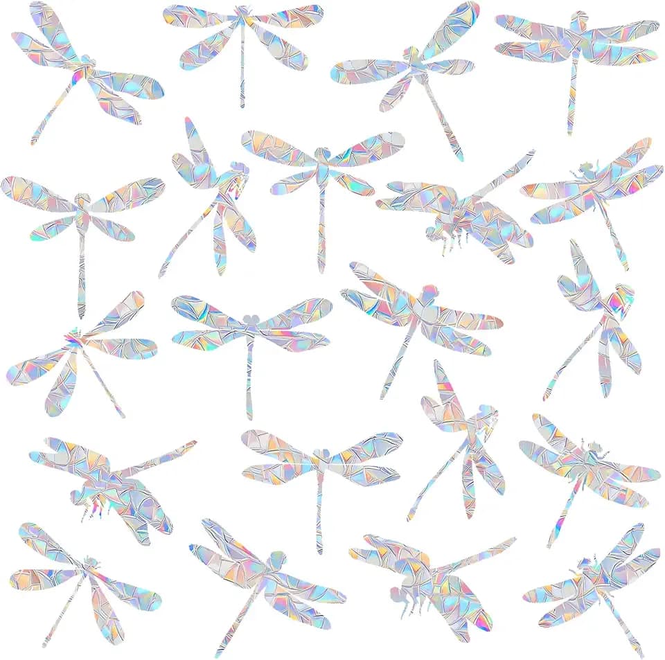 22 Pcs Dragonfly Window Clings - Anti-Collision Window Decals to Save Birds from Window Collisions,Non Adhesive Prismatic Vinyl Window Clings, Rainbow Stickers