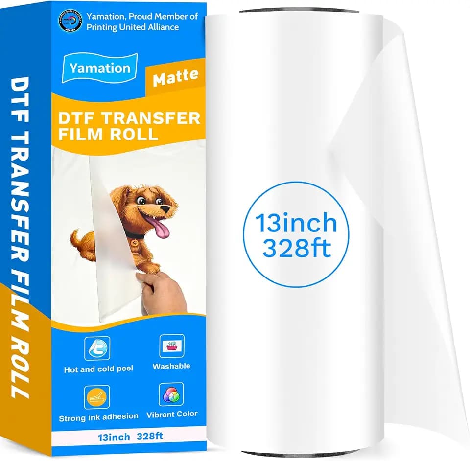 Yamation DTF Transfer Film Roll 13" x 328 FT - Double Sided Matte Direct to Film Transfer Film, 10-Layer Coating for Vibrant Colors & High Ink Load, Hot/Cold Peel for Custom T-Shirt Printing