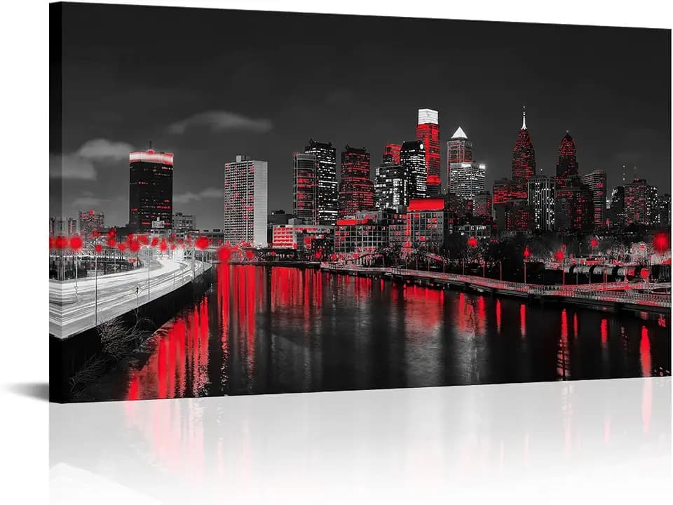 sechars Philadelphia Wall Art Canvas Black and White Red USA City Night Skyline Picture Photo Print Modern Philly City Schuylkill River Poster Painting for Home Office Living Room Decor (Red)