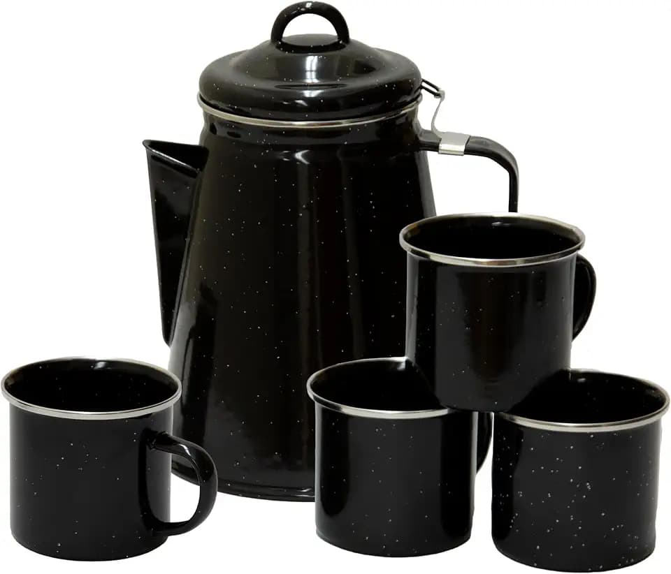 Stansport Enamel 8-Cup Percolator Coffee Pot and 4-Mug Set - Heavy-Duty Campfire Coffee Maker with 12oz Mugs - Percolator Stem Included - Double Baked Enamelware for Camping, Hiking, RV & Cabin