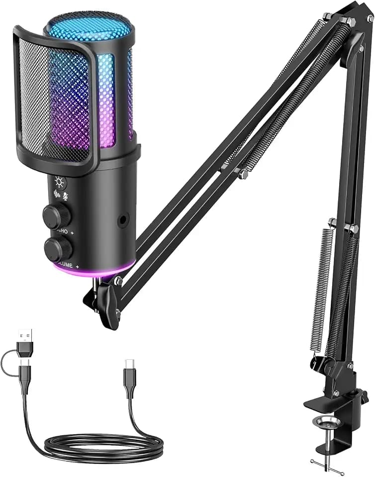 Gaming USB Mikrofon, Kondensatormikrofon mit Geräuschunterdrückung, Nachhallregelung, Überwachung für Streaming, Podcasting, Discord, YouTube, PC, Computer, PS4, PS5, Mac