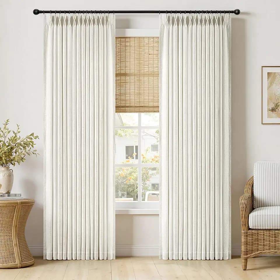 MIULEE Pinch Pleated Thick Linen Curtains 90 Inches Neutral Beige White