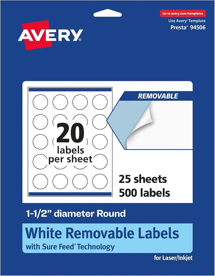 Avery® Matte White Removable Round Labels, Sure Feed® Technology, Print-to-The-Edge, 1.5" Diameter, 500 Removable Labels, Laser/Inkjet Printable