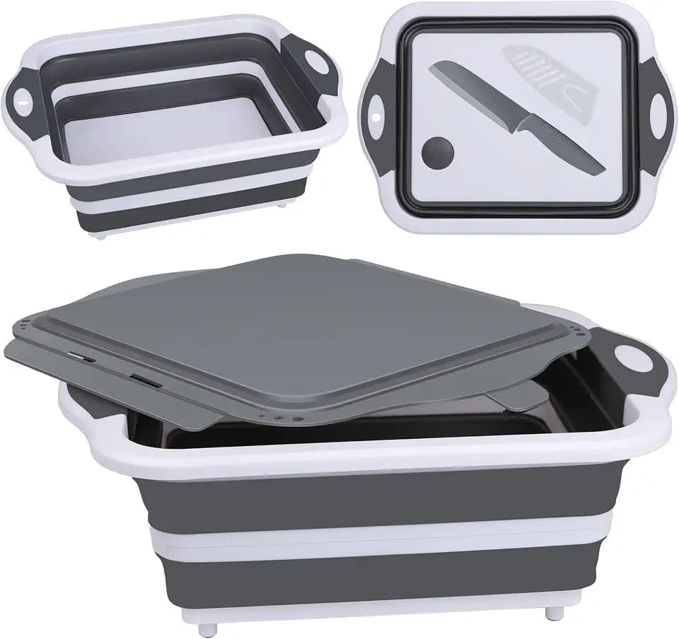 QiMH Collapsible BBQ Prep Tub, Picnic Basket with Lid Foldable Dish Basin, Washing and Draining Veggies Fruits, Food Grade Portable Cutting Board for Camping, Traveling, and Kitchen