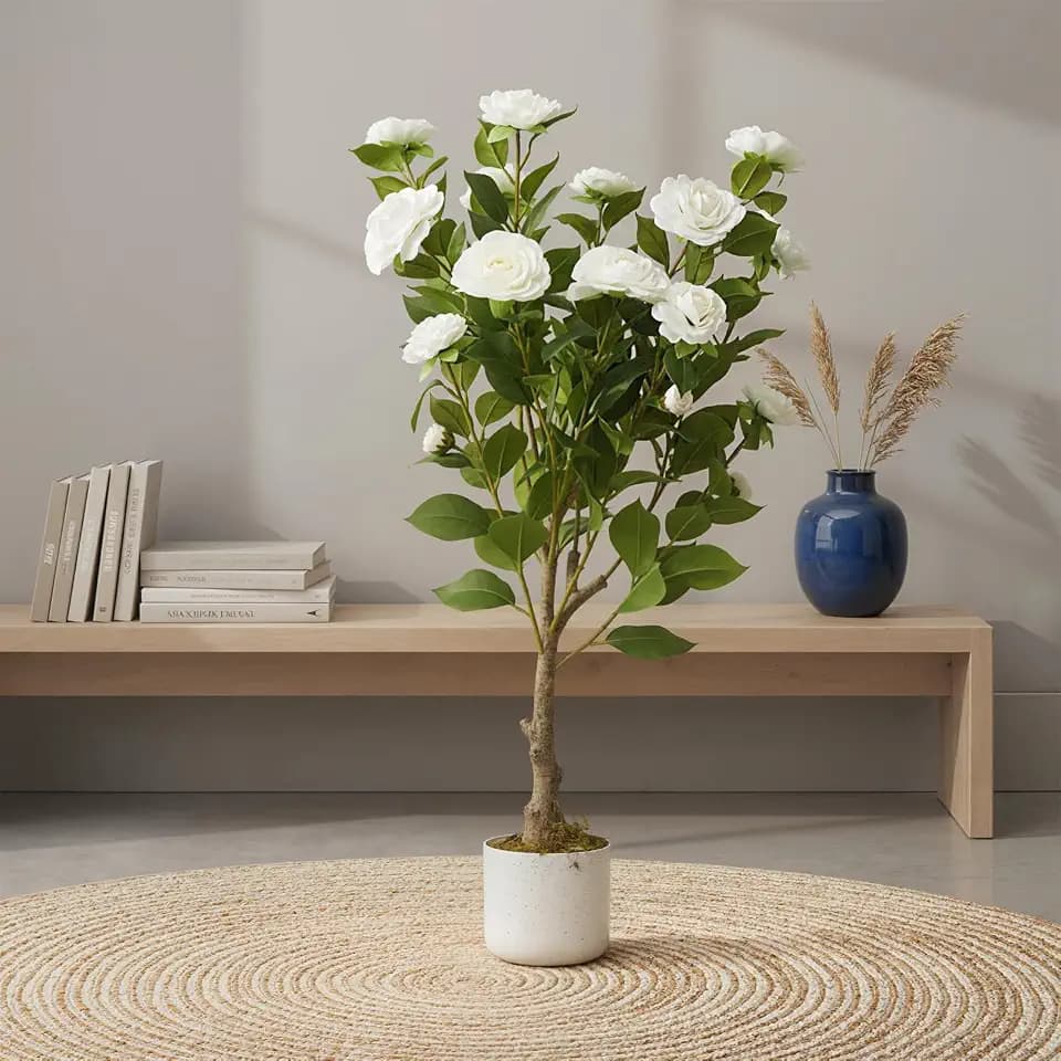 2.8FT Artificial Camellia Tree in Pot, Faux White Flowers with 20 Bloomings, 34" Artificial Plants Indoor Trees for Home and Office Decor