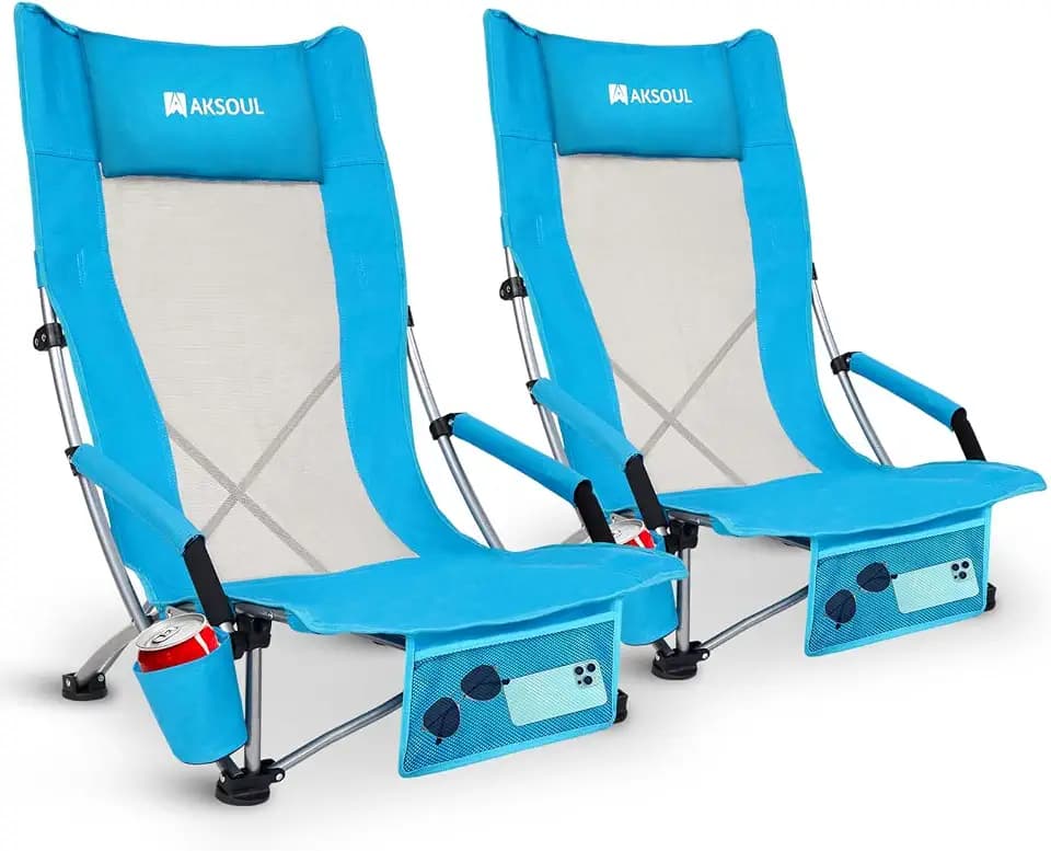 High Back Folding Beach Chair: 2 Pack Packable Lightweight Chairs Comfortable Foldable High Low Profile Sand Chair Set with Cup Holder for Adult Outdoor Concerts Lawn Camp Picnic