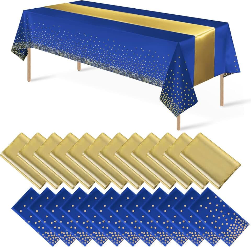 24Pack Disposable Plastic Tablecloths and Satin Table Runner Set Blue and Gold Dot Tablecloth Gold Satin Table Runner for Wedding Birthday Baby Shower Anniversary Christmas New Year Party Decorations