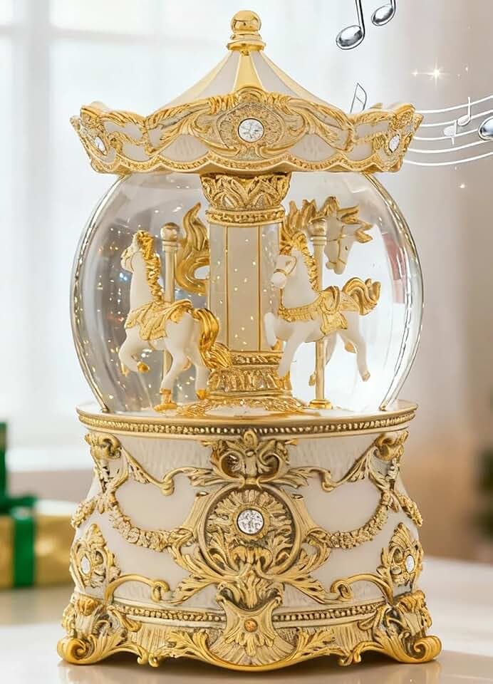 Vintage Snow Globe Music Box with Golden Carousel Horse - Classical Musical Wind-Up Christmas Decorations, Battery-Operated Christmas Ornament Gift for Valentines Day, Couples, Her, Kids,Women