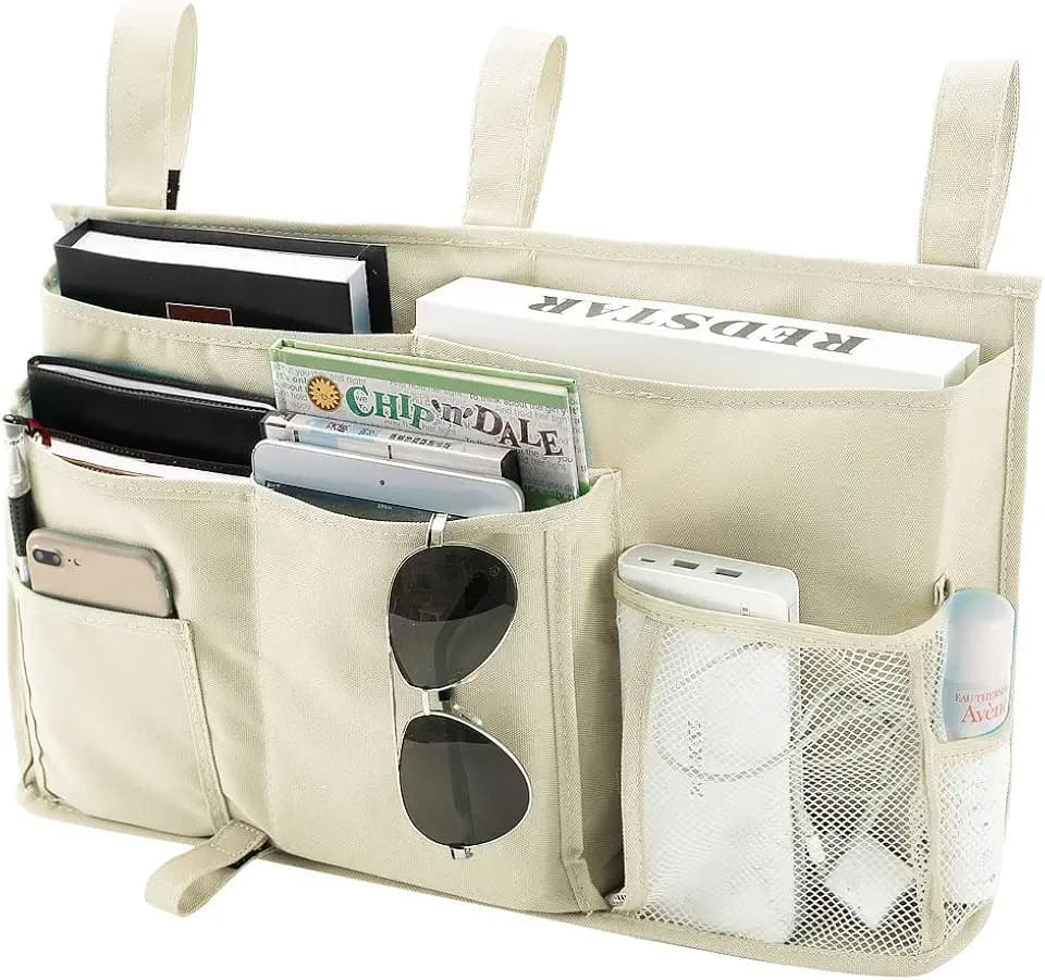 Bseash Bunk Bed Organizer, Bedside Caddy Hanging Bed Organizer Storage Bag 8 Pockets, for College Dorm Rooms Bed, Hospital Bed, Baby Bed Rails, 600D Oxford Cloth (Beige)