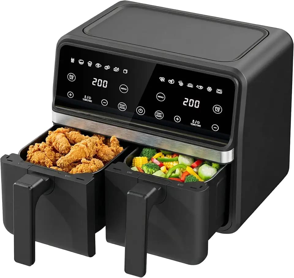 Double Air Fryer, 2 Baskets for Roast, Quick Meal, Black