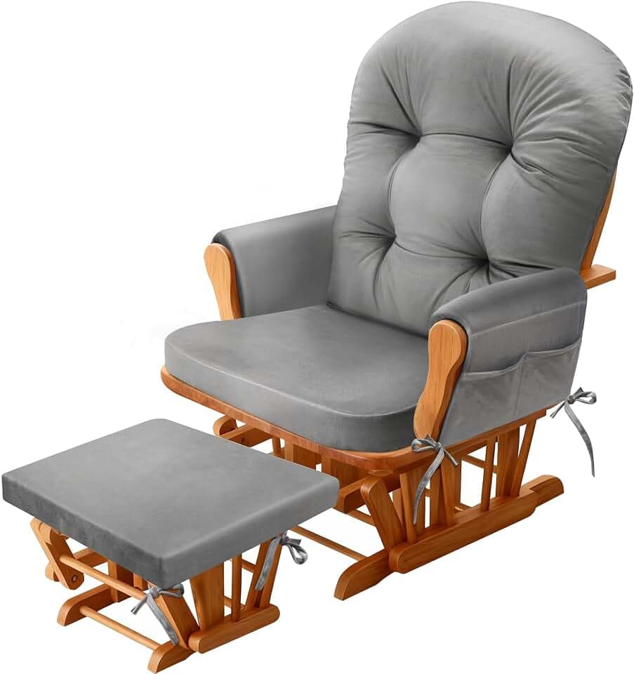 JZHLLA Glider Rocker Replacement Cushion Set with Storage Pockets Soft Flannel Fabric & High-Resilience Foam Non-Slip Back Rocking Chair Cushion for Living Room Rocking Chair(Grey)