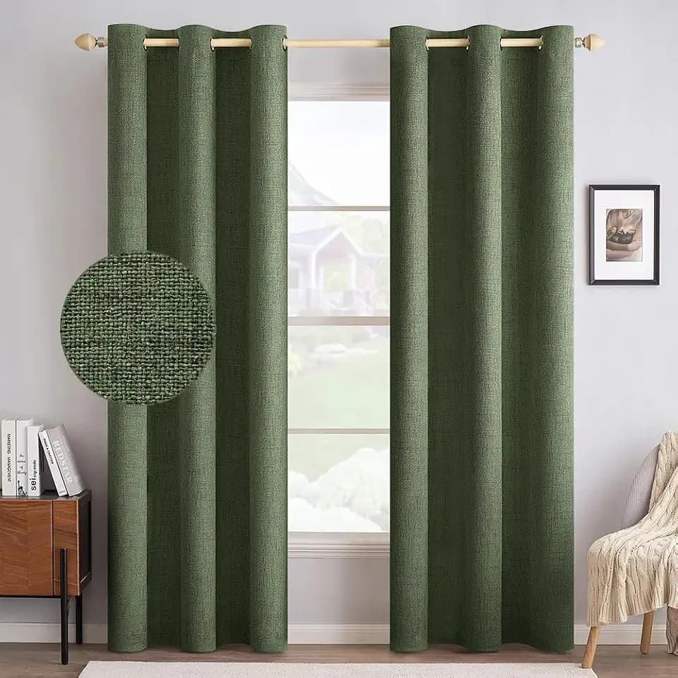 MIULEE 100% Blackout Linen Curtains for Bedroom 42x84 Inches Olive Green