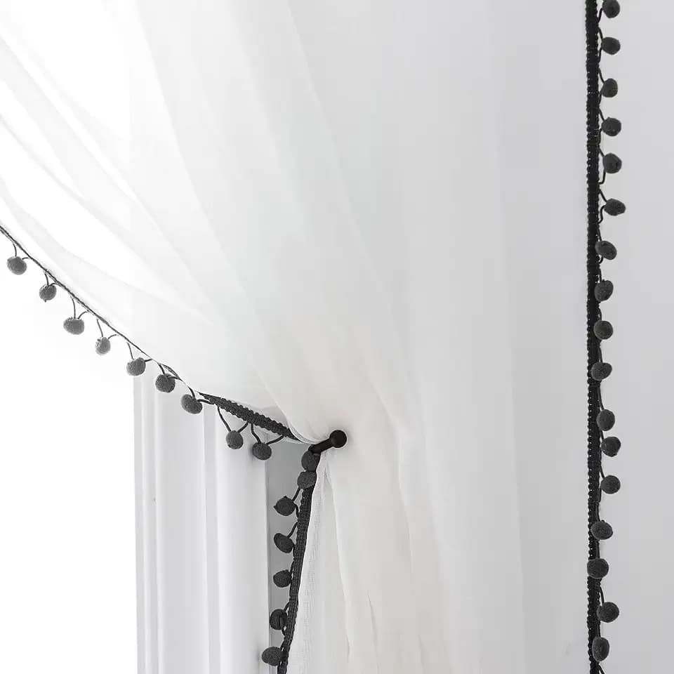 MISS SELECTEX Linen Look Pom Pom Tasseled Sheer Curtains - Rod Pocket Voile Semi-Sheer Curtains for Living and Bedroom, Set of 2 Curtain Panels (52 x 84 inch, White Sheer & Dark Grey Pom Poms)