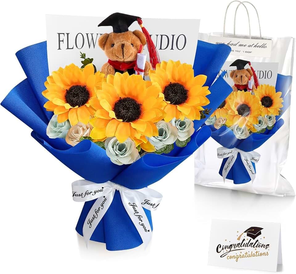 Giegxin 2026 Bear Bouquet Set with Card and Gift Bag, Blue