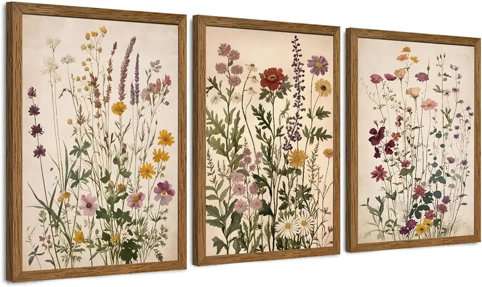 WRFON Botanical and Flower Canvas Wall Art, Framed Wildflower Wall Art Set of 3, Vintage Meadow Flower Canvas Prints, Cottagecore Floral Decor for Living Room Bedroom Bathroom Farmhouse Home, 16x24