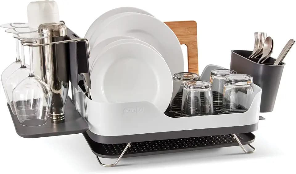 DASH SmartStore™ Full Size Dish Rack – Plates, Cups, Utensil Holder, Knife Slot, Drainage Spout + Drying Mat – White