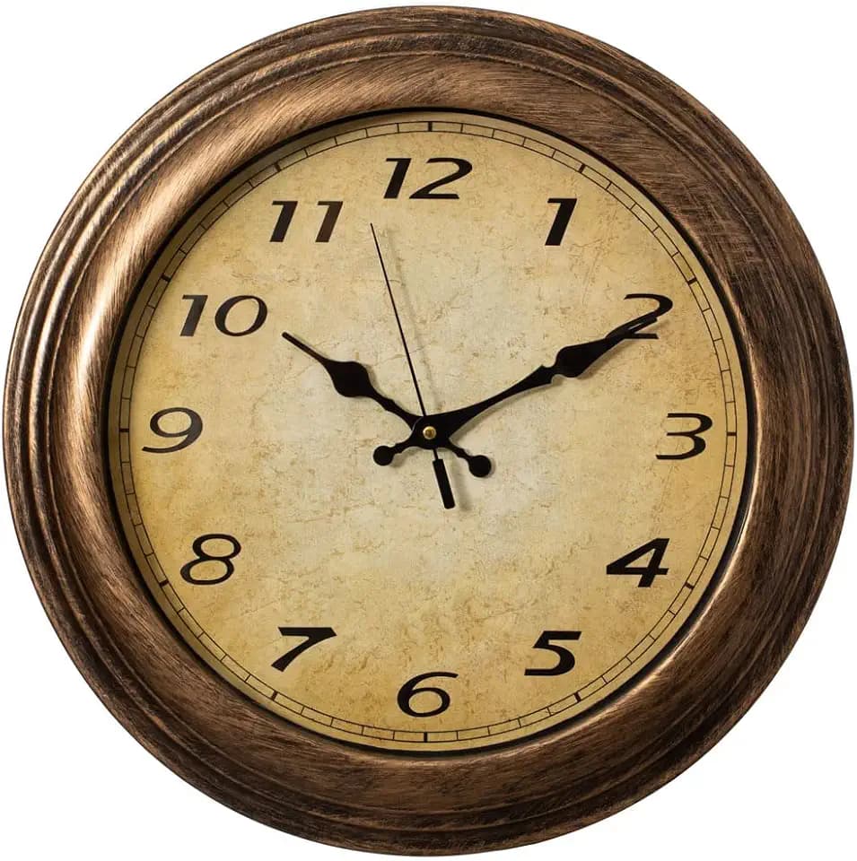 Clockswise 16" Round Vintage Decorative Chiming Wall Clock Battery-Operated with Chime & Non-Ticking Feature Ideal for Farmhouse Office Living Room Kitchen Bedroom Classroom & Home Decor, Rustic Gold