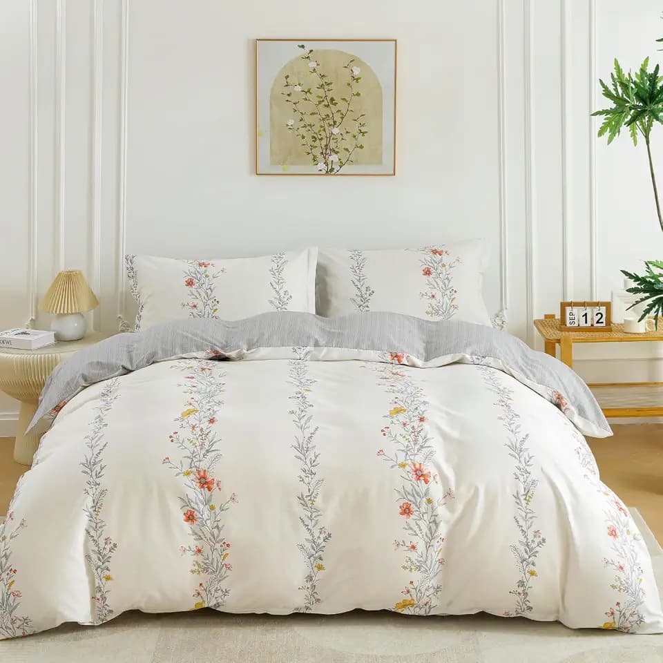 OAITE King Duvet Cover Set 3pcs 100% Cotton Wildflower Stripe