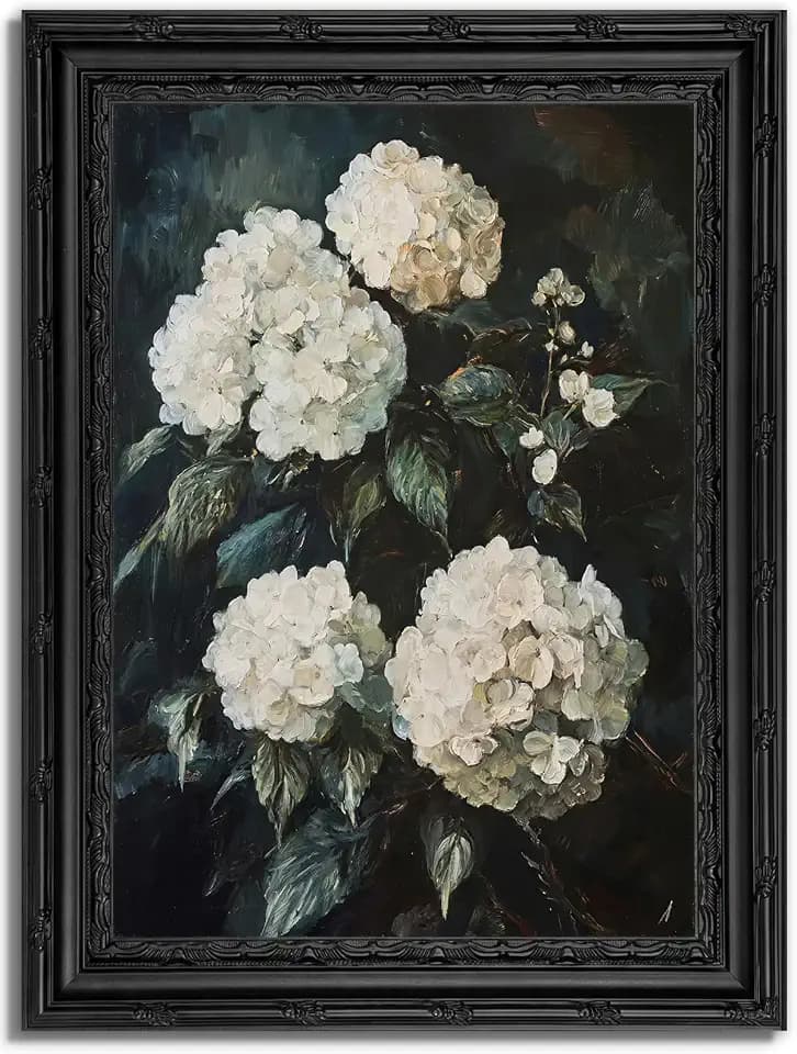 Black Framed White Hydrangea Canvas Wall Art,Gothic Halloween print 9x11in