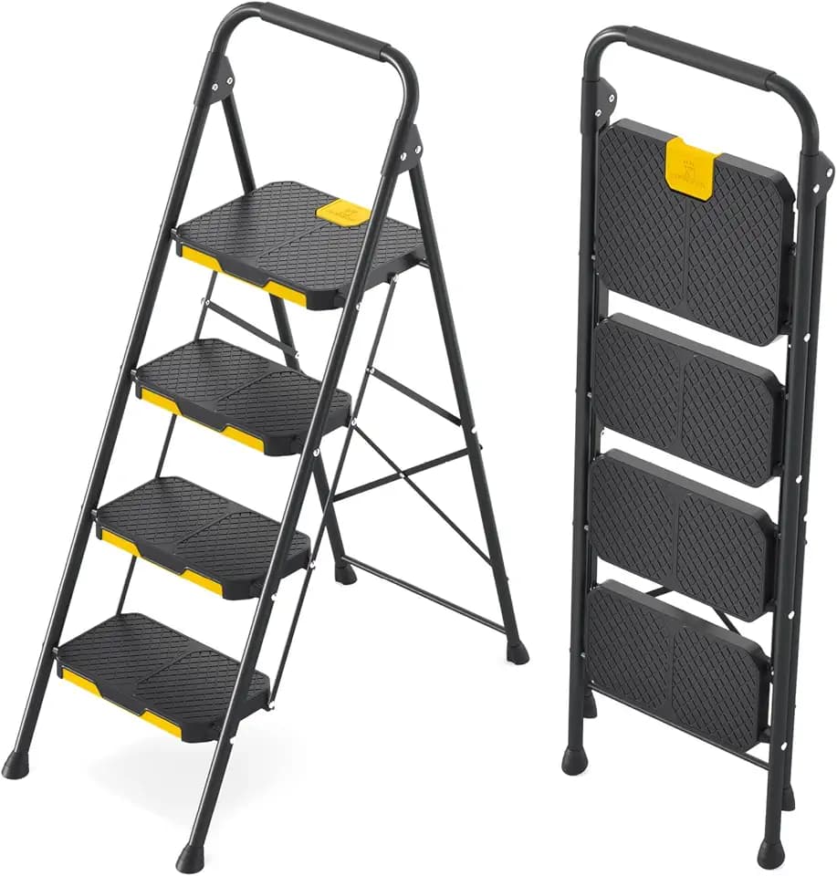 KINGRACK 4 Step Ladder, Steel Step Stool with Safe-Lock, Load 800lbs, Black