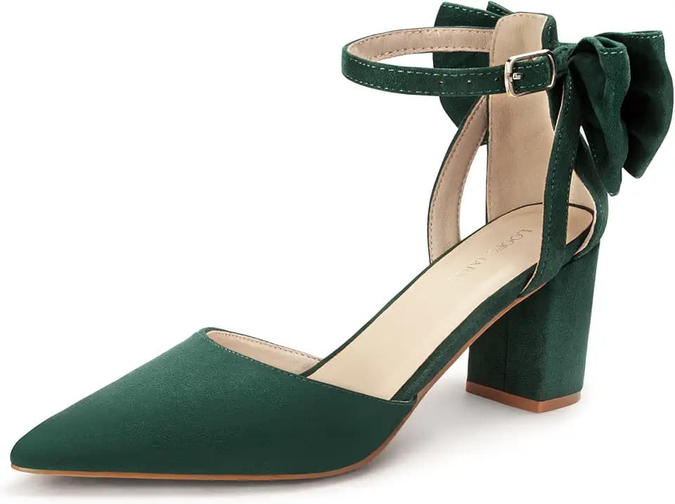 Womens Closed Pointed Toe Heels with Bow Low Chunky Pumps
