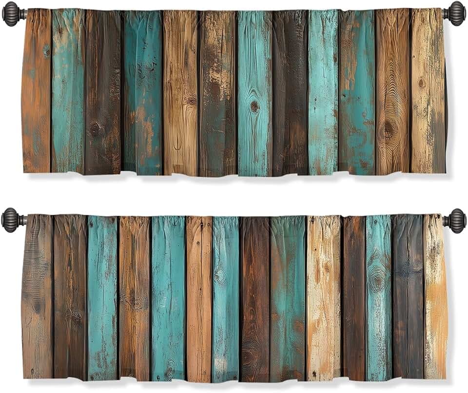 Rustic Valance Curtain for Windows 2 Pack Teal Country Wood Board Turquoise Brown Stripes Rod Pocket Printed Curtain Valances Short Tier Curtains for Kitchen Living Room Bathroom Bedroom 54 x 18 Inch