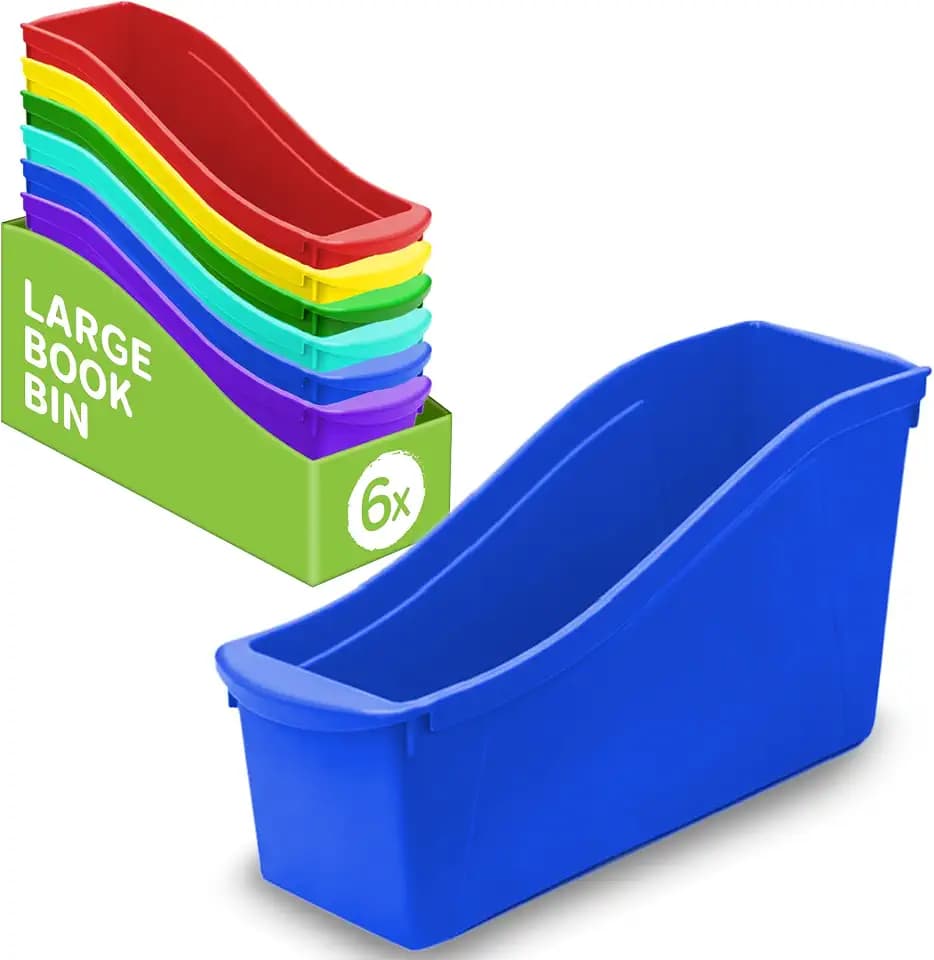 Storex Large Book Bin, Interlocking Plastic Organizer for Home, Office and Classroom, STEM Assortment, 6-Pack
