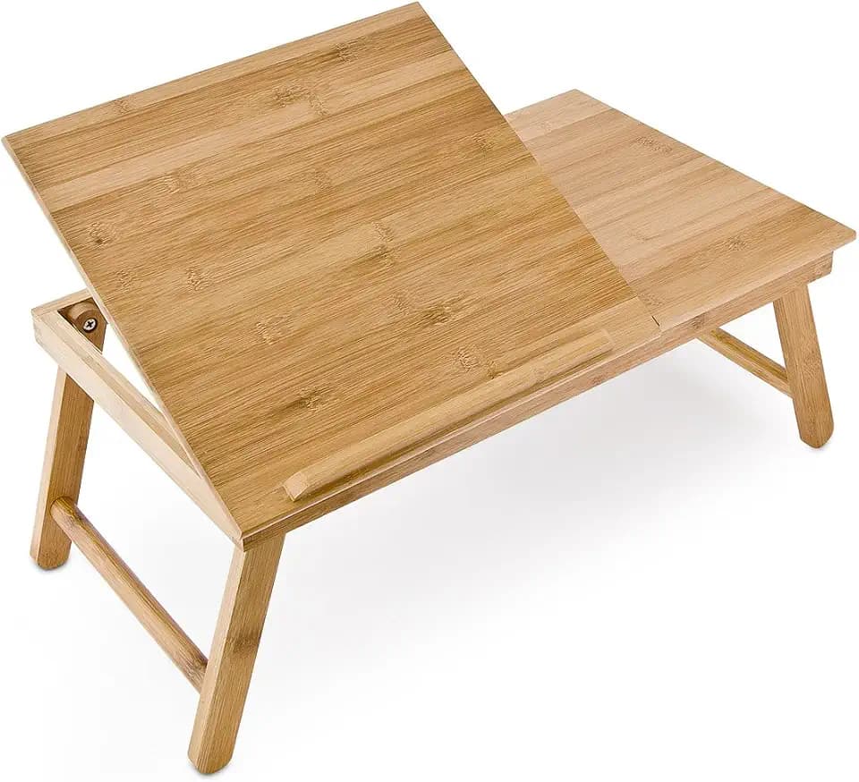 Relaxdays Laptoptisch aus Bambus HBT: 24 x 55 x 33 cm Beistelltisch mit praktischem Fach für Stifte oder Notizen verstellbarer Computertisch als Knietisch und Betttisch Notebooktisch aus Holz, natur