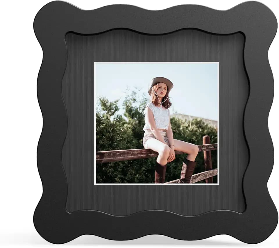 4x4 Picture Frame with Mat for 3x3, Wavy Edge Wooden Real Glass Photo Frame for Tabletop and Wall Hanging, Black, 1 Pack