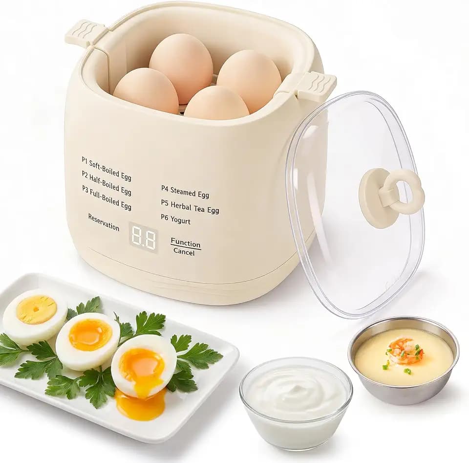 Mini Electric Egg Cooker 6-in-1 with Auto Shut Off & Beep Alarm, Temp Control for Hard/Soft Boiled, Onsen Tamago, Yogurt Maker, BPA-Free Stainless Steel, Compact Egg Steamer for Home