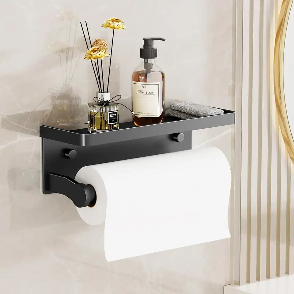 Black Paper Towel Holder with Shelf, Wall Mount Paper Towel Holder for Bathroom Kitchen, Hand Towel Rack Holder,Paper Roll Holder with Self Adhesive & Screw,RV